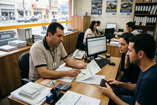 Despachante explicando a transferência de veículo em Santo André.