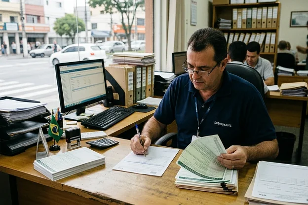 Profissional realizando o licenciamento veicular em Santo André.